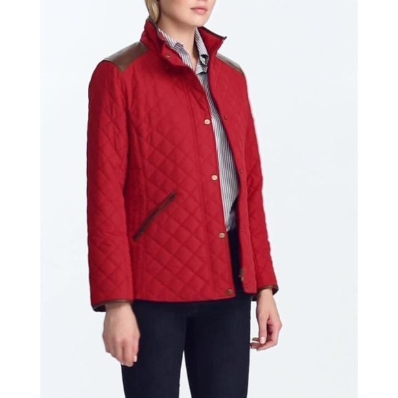 LAUREN RALPH LAUREN Faux-Leather-Trim Quilted Jacket Red Size Medium - Picture 1 of 14